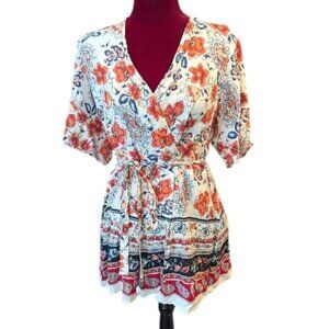 NWT Francesca's Blue Rain Floral Wrap Romper Size Large